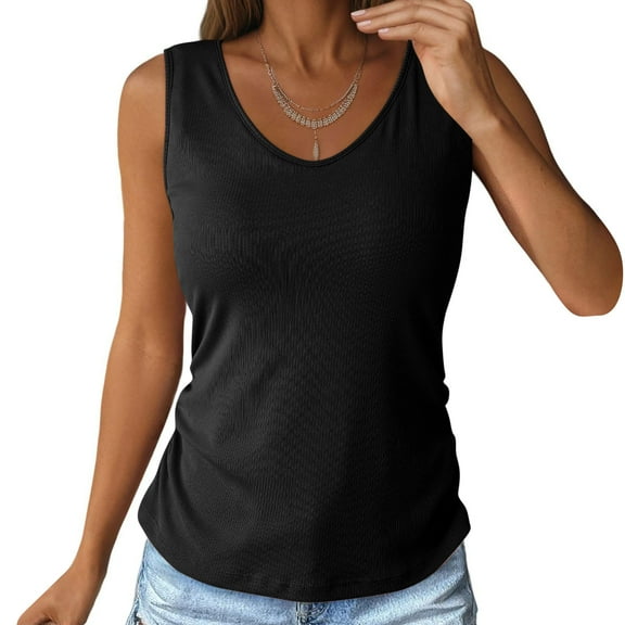 Summer Tank Tops For Women Plus Size Causal Loose Solid Color Sleeveless V-Neck Pleated Pullover Blouse Tops Women Trendy Camisoles With Built In Bras Under $7 Black XXL