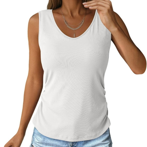 Summer Tank Tops For Women Plus Size Causal Loose Solid Color Sleeveless V-Neck Pleated Pullover Blouse Tops Women Trendy Camisoles With Built In Bras Under $7 White L