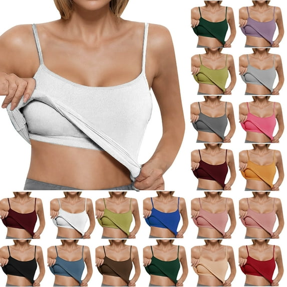 Summer Tank Tops For Women Plus Size Causal Solid Color Square Neck Sleeveless Spaghetti strap Pullover Tops Women Camisoles With Built In Bras Under $7 Pink M