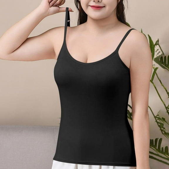 Summer Tank Tops For Women Plus Size Causal Solid Color Square Neck Sleeveless Spaghetti strap Pullover tops Women Camisoles With Built In Bras Under $7 Black 3XL