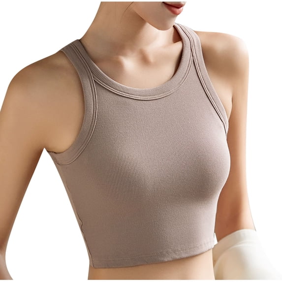 Summer Tank Tops for Women Todays Built in Bra Tank Tops for Women Summer Longline Bras with Padded Cropped Camisole Solid Undershirts Workout Yoga Crop Tops New Beige S