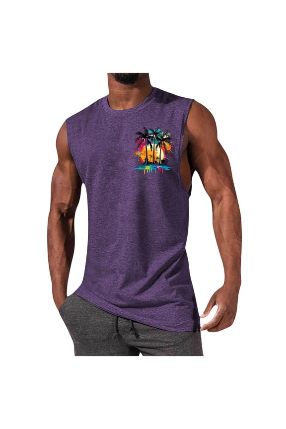 Summer Tank Tops for Men 2026 Casual Coconut Palm Graphic Pullover Crew Neck Sports Tank Sleeveless Loose Top XL