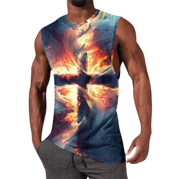 Summer Tank Tops for Men 2026 Cross Graphic Muscle Sleeveless Tank Tops Cut Off T Shirts Workout Gym Tee Shirts L