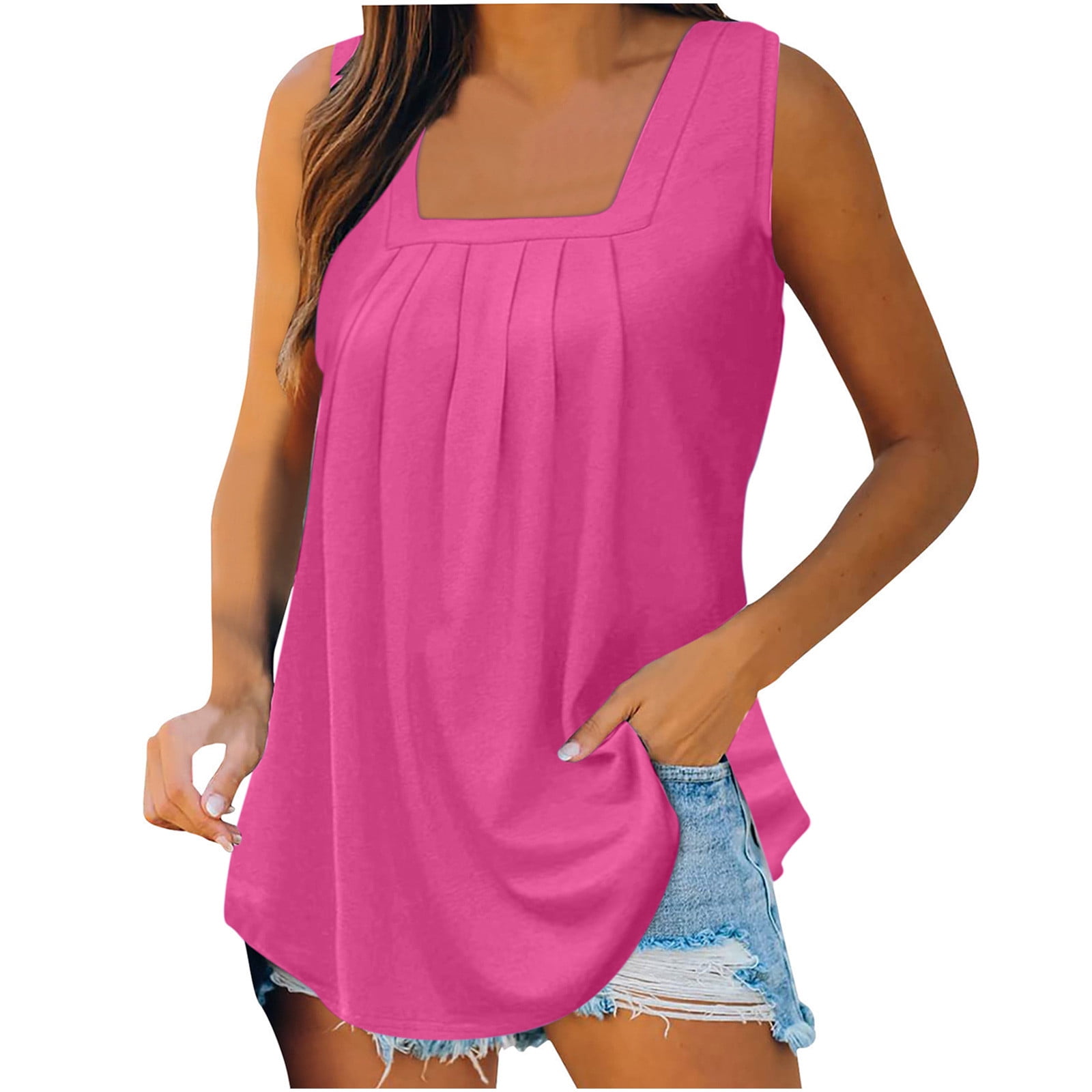 Women's Loose Summer Tank Top - Square Neck, Pleated Sleeveless Flowy Shirt With Curved Hem