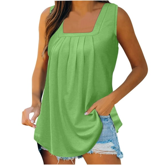 Summer Tank Tops for Women 2025 Loose Fit Pleated Square Neck Sleeveless Shirt Curved Hem Flowy Vest Basic Cotton Tee