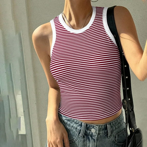 Summer Tank Tops for Women 2026 Summer Striped Print Crew Neck Tee Shirts Casual Slim Fit Sleeveless Standard Straps Summer Shirts