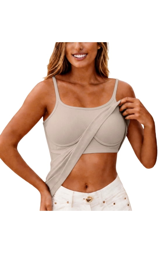 Summer Tank Tops for Women Basic Adjustable Strap Padded Thread Knit Layering Camisole Tank Tops With Built In Bras Beige 2XL