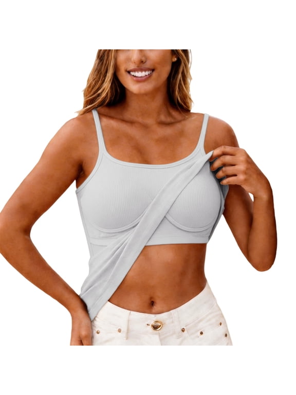 Summer Tank Tops for Women Basic Adjustable Strap Padded Thread Knit Layering Camisole Tank Tops With Built In Bras White S
