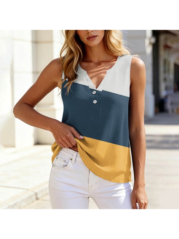 Summer Tank Tops for Women Button V-Neck Camisoles Womens Sleeveless Color Block Casual Loose Shirts