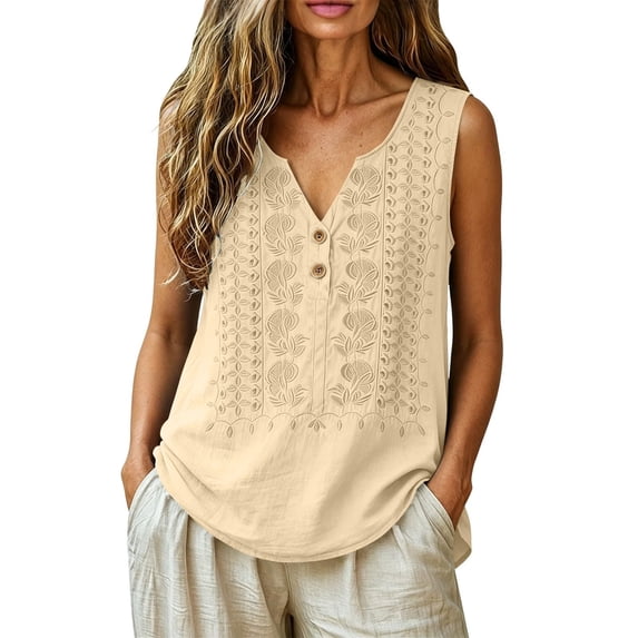 Summer Tank Tops for Women Button down Embroidered Lightweight Boho Sleeveless V-Neck Tops Summer Cute Loose Gauze Shirts 2026 by Awwp Beige L