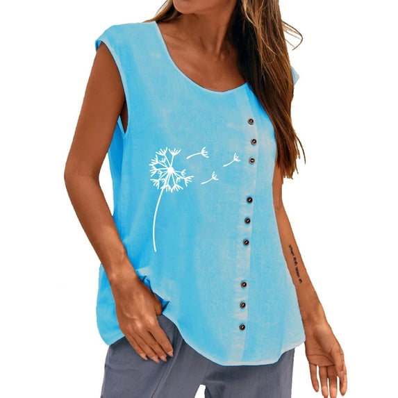 Summer Tank Tops for Women Casual Cap Sleeves Scoop Neck Printing Loose Blouses Tops Flowy Comfy Botton T Shirts