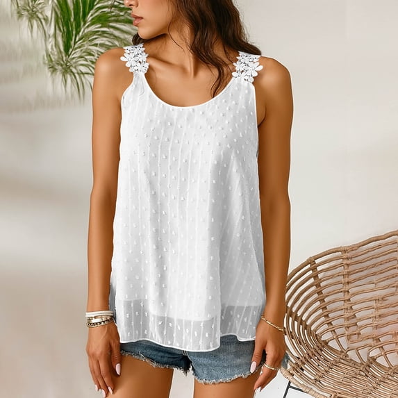 Summer Tank Tops for Women Crewneck Strap Lace Bohos Camisole Tanks Casual Solid Round Neck Loose Fits Lightweight Comfy Sleeveless Shirts Top