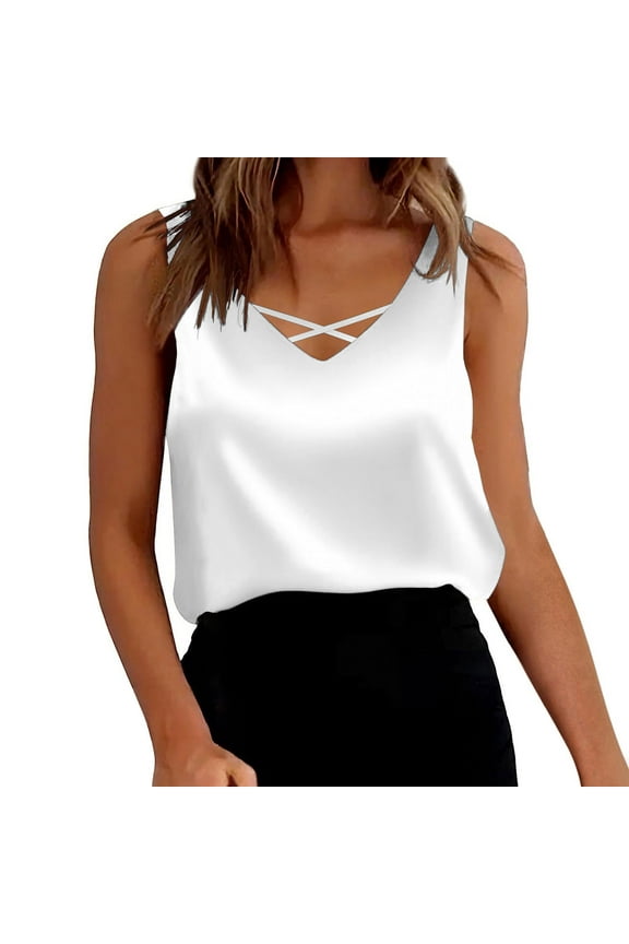 Summer Tank Tops for Women Cross V Neck Sleeveless Shirts Casual Loose Fit Business Dressy Tees Basic Blouses (L, White)