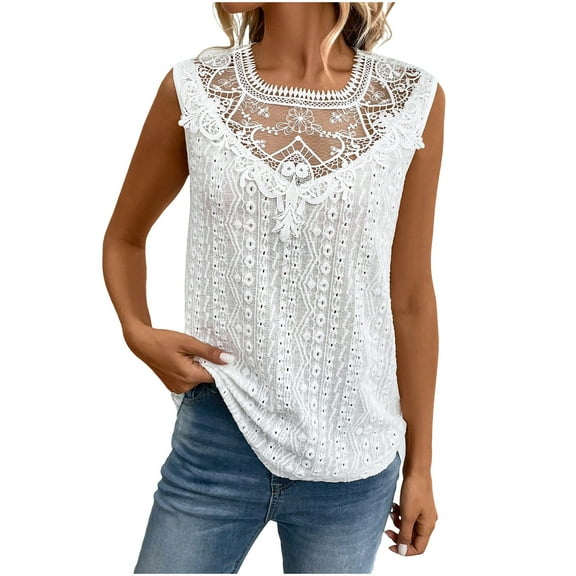 Summer Tank Tops for Women Fashion Solid Color Lace Collar Stitching Crochet Tank Top Crew-neck Tank Top Camisole for Women White L