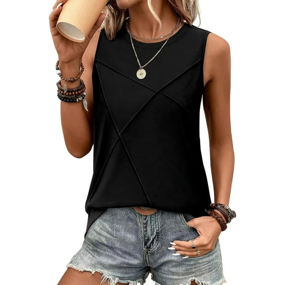 Summer Tank Tops for Women Loose Fit Crew Neck Casual Sleeveless Tops 2025 Black XXL