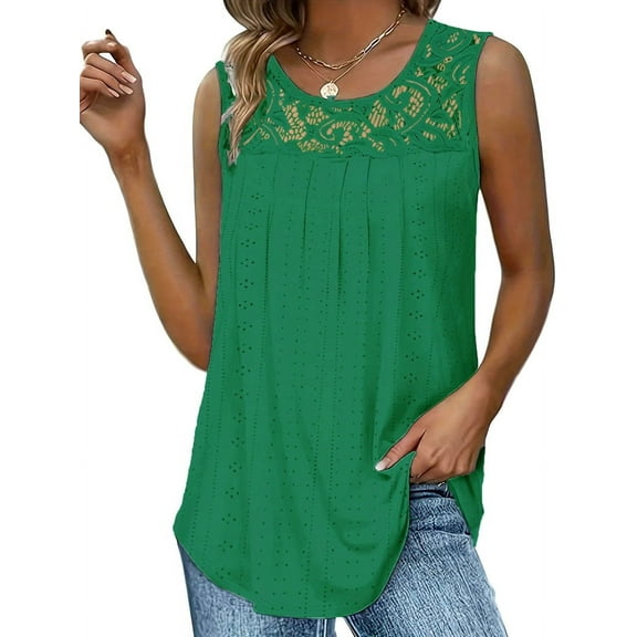 Summer Tank Tops for Women Loose Fit Pleated Tunics Scoop Neck Sleeveless Lace Tops Curved Hem Flowy Dark Green XXXL