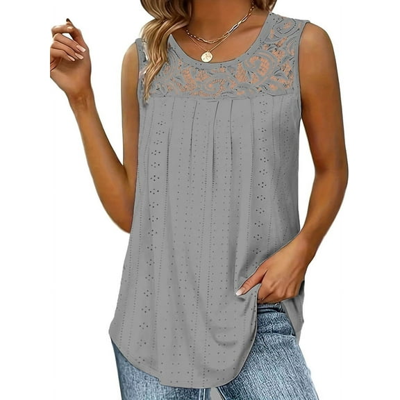 Summer Tank Tops for Women Loose Fit Pleated Tunics Scoop Neck Sleeveless Lace Tops Curved Hem Flowy Gray XL