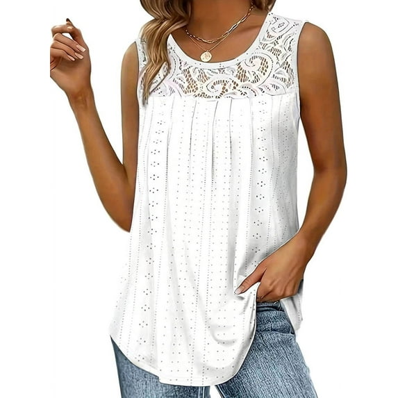Summer Tank Tops for Women Loose Fit Pleated Tunics Scoop Neck Sleeveless Lace Tops Curved Hem Flowy White L