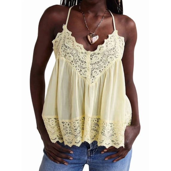 Summer Tank Tops for Women Loose Fit Pleated Tunics V Neck Sleeveless Lace Tops Lrregular Hem Flowy Yellow S