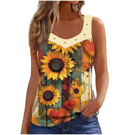 Summer Tank Tops for Women Loose Fit V Neck Sleeveless Graphic Tee Shirt Plus Size Floral Print Casual T-shirts (XL, Yellow)