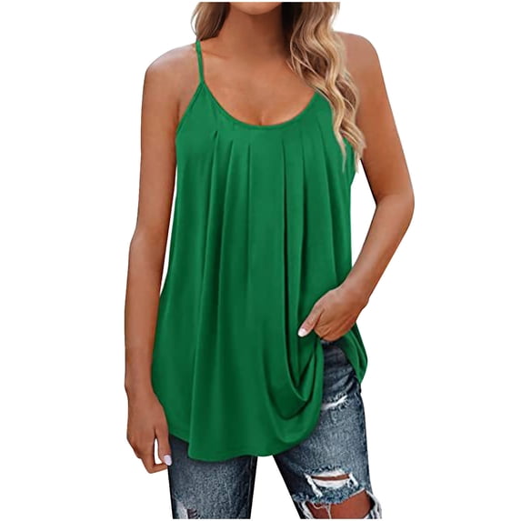 Summer Tank Tops for Women Pleated Spaghetti Strap Camisole Loose Fit Casual Sleeveless Flowy Basic Tops Green,XL