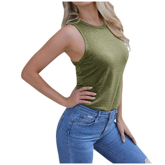 Summer Tank Tops for Women Round Neck Sleeveless Basic Blouse Solid Casual Slim Fit Ladies Going out Tee Shirts Green