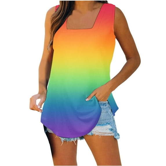 Summer Tank Tops for Women Square Neck Loose Casual Tank Shirts Flowy Sleeveless Side Slit Tee Shirts Blouses Plus Size