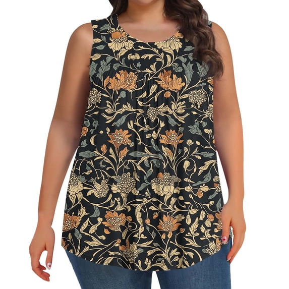 Summer Tank Tops for Women Vintage Floral Print Shirt Sleeveless Round Neck Tops Pleated Front Blouses Dressy Casual Loose Fit Tunics