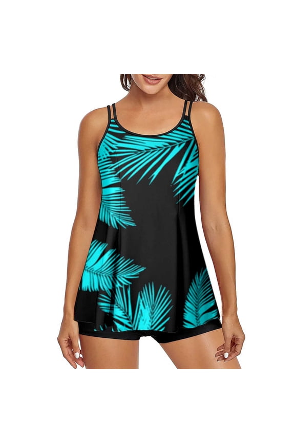 Summer Tankini Swimsuits for Women Leaf Print Double Shoulder Tankini Top with Boyleg Shorts Two Piece Blue XXL