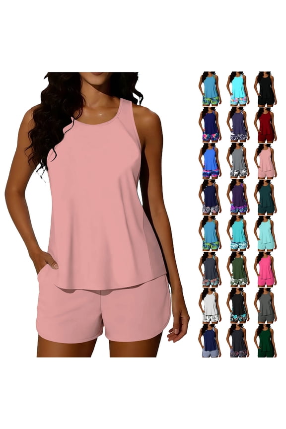 Summer Tankini Swimsuits for Women Tummy Control Two Piece Bathing Suits with Sporty Pockets Swim Shorts
