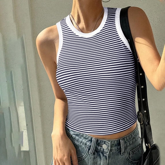 Summer Tanks for Women 2026 Fashion Striped Print Sleeveless Shirts Casual Slim Fit Standard Straps Summer Tops