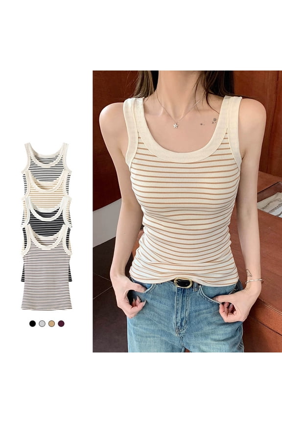 Summer Tanks for Women 2026 Summer Striped Print Crew Neck Tee Shirts Casual Slim Fit Sleeveless Standard Straps Summer Shirts