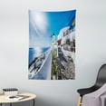 thumbnail image 1 of Summer Tapestry, Ancient Oia Village in Santorini Island Greece with Aegean Sea Scenery Image, Wall Hanging for Bedroom Living Room Dorm Decor, 40W X 60L Inches, Blue and White, by Ambesonne, 1 of 5