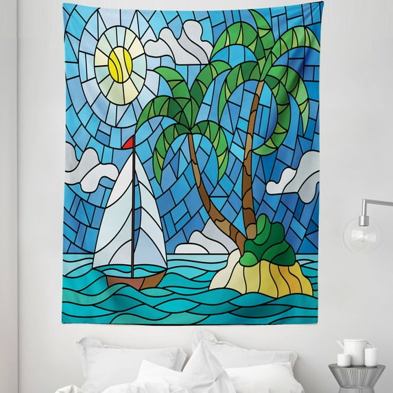 Summer Tapestry, Stained Glass Mosaic Fractal Style Island Theme with Ship at Sea Palm Tree Exotic, Fabric Wall Hanging Decor for Bedroom Living Room Dorm, 5 Sizes, Multicolor, by Ambesonne