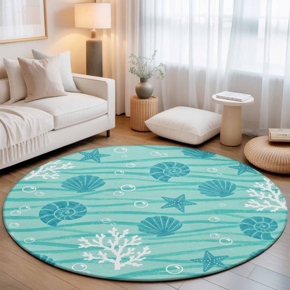 Summer Teal Ocean 3.3' Round Rug for Bedroom Reading Corner, Coastal Nautical Beach Sea Shell Starfish Coral Washable Non Slip Circle Area Rug for Living Room
