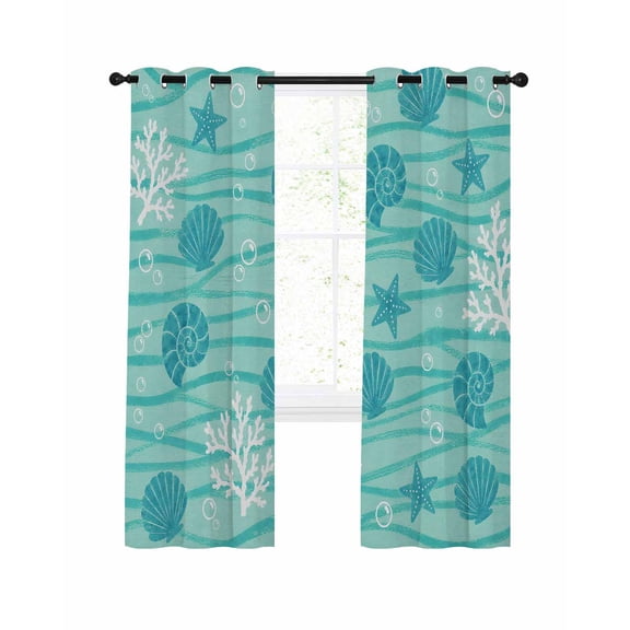 Summer Teal Ocean Blackout Curtains for Bedroom Living Room, Coastal Nautical Beach Sea Shell Starfish Coral 39 In Long Thermal Insulated Room Darkening Drapes Grommet Window Treatments, 27.5 x 39 In