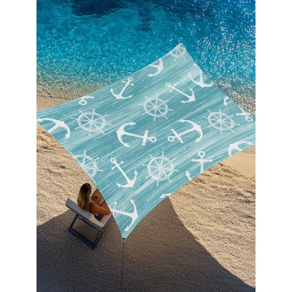 Summer Teal Ocean Sun Shade Sail 6.5' x 10', Vintage Nautical Sea Watercolor Anchor Rudder Rectangle Outdoor Sunshade Canopy, Waterproof UV Block Patio Covers for Garden Yard Beach