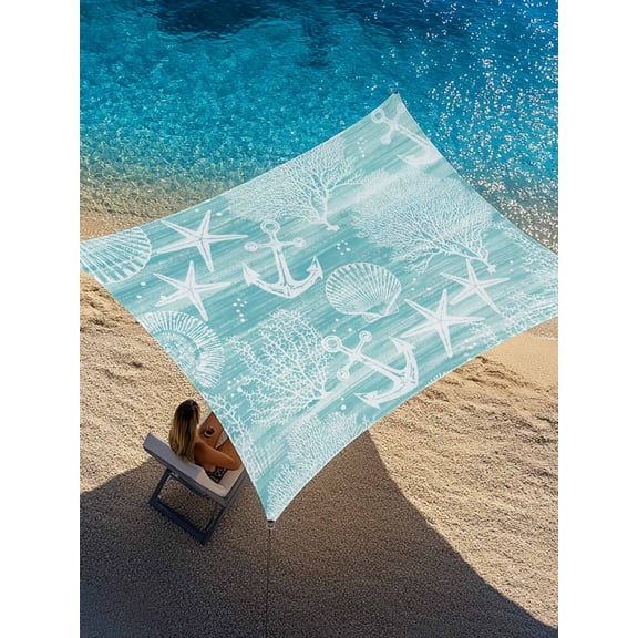 Summer Teal Ocean Sun Shade Sail 8' x 10', Vintage Nautical Sea Anchor Coral Shell Starfish Rectangle Outdoor Sunshade Canopy, Waterproof UV Block Patio Covers for Garden Yard Beach