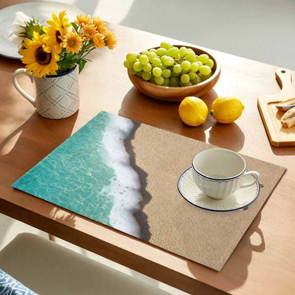 Summer Teal Placemats Set of 8, Beach Beige Starfish Ocean Wave Sand Shore Non-Slip Place Mats Washable Table Mats for Kitchen Dining Table Decorations Indoor/Outdoor