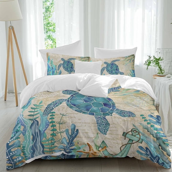 Summer Teal Queen Size Comforter Set, Sea Turtle Seaweed Nautical Marine Life Vintage Bedding for All Seasons, 4 Pcs Bed Set, 1Quiltcover (90"x92") ,1Sheet(94"x116"), 2Pillowcases (30"x20")