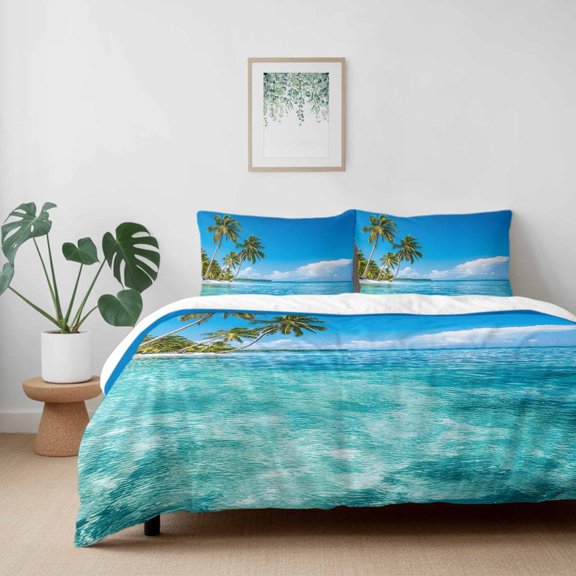 Summer Teal Sea Water Palm Trees California King Size Bed Set,Seaside Ocean Cloud Bedding for All Seasons,4 Pcs Bed Set with 1 Quiltcover (96"x104"),1 Sheet (110"x98"),2 Pillowcases (20"x36")