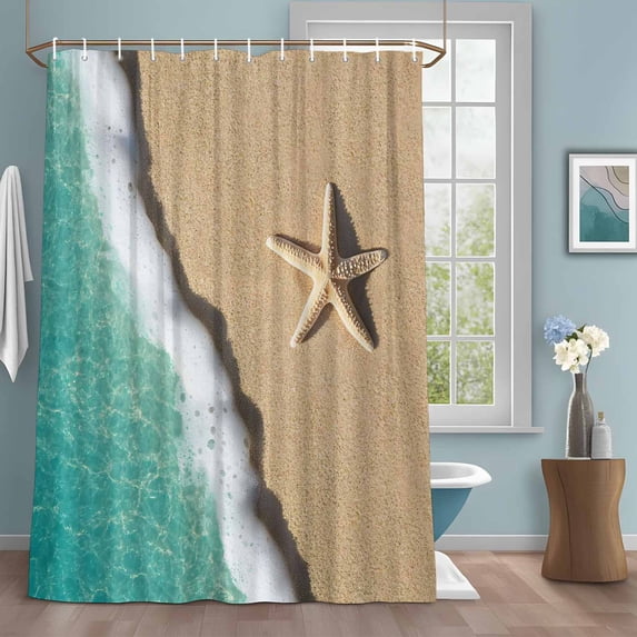 Summer Teal Shower Curtains for Bathroom, Beach Beige Starfish Ocean Wave Sand Shore Washable Fabric Shower Curtain with Hooks Waterproof Bathroom Decor Sets, 60 x 72 Inches