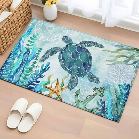 Summer Teal Washable Small Entryway Area Rugs 2'x3', Sea Turtle Seaweed Nautical Marine Life Blue Low Pile Throw Rug Non-Slip Sturdy Edge Binding Carpet for Front Door Floor Room Entry