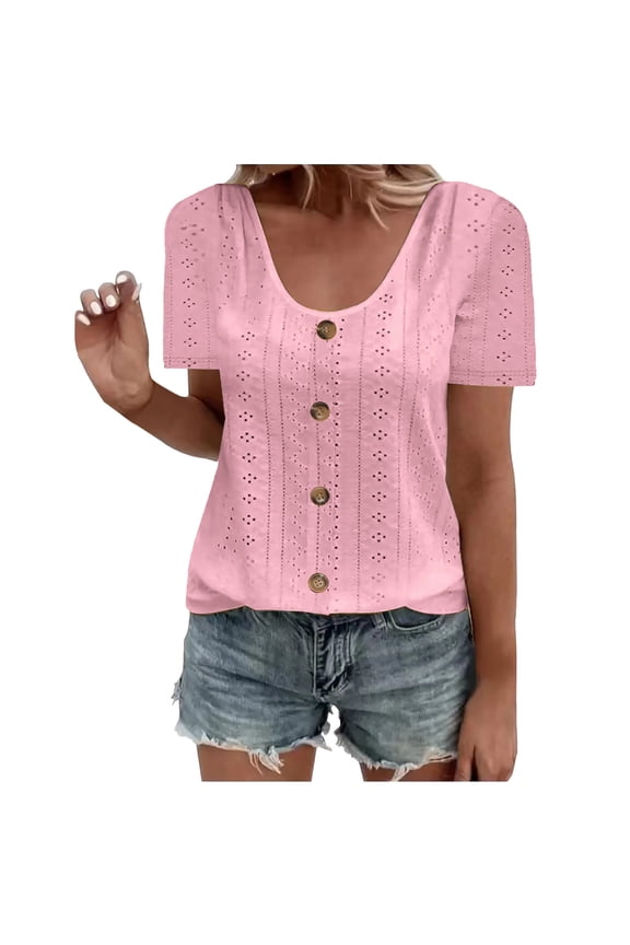 Summer Tee For Women Fashion Solid Button Round Neck Blouses Casaul Short Sleeve T Shirt Pink XXXL