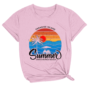 RBCULF Summer Tee Shirt for Women's Crew Neck Sunset Graphic Shirts Casual Basic Beach Tops Comfortable Trendy Everyday T-Shirt Tunic Top Clearance