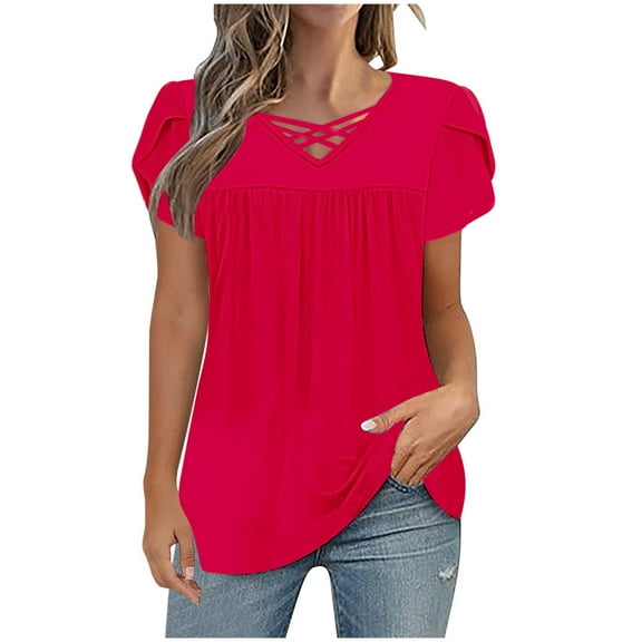 Womens Summer T-Shirts V Neck T Shirts Criss-Cross Neck Tee Shirts Front Pleated Short Sleeve Tops Ruffle Sleeve T-Shirts Plain Classic Tunic Blouses Going Out Beach Vcation Outfits