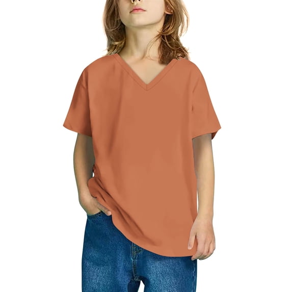 Summer Tee Tops for Girl 2025 T-Shirts for Kids, Girls Short Sleeve Solid Color Tee Shirt V Neck Tops for Girls and Boy T-Shirt Tee Orange 5Y