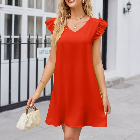 Summer Temperament Gentle V-neck Sleeve Solid Color Comfortable Fashion Dress Short Dress