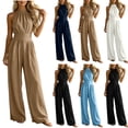 thumbnail image 1 of Summer Textured Halter Jumpsuits for Women Sleeveless Ruched Waist Casual Wide Leg Pants Romper with Pockets Beach Vacation One Piece Outfit White, 1 of 7