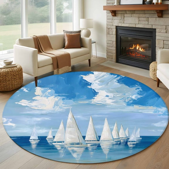 Summer Theme 7FT Round Area Rugs for Living Room Oil Painting Ocean Wave Sailboats Cloud Blue Sky Ultra-Thin Non-Slip Round Rugs Machine Washable Low Pile Circle Carpet for Bedroom Kitchen Nursery